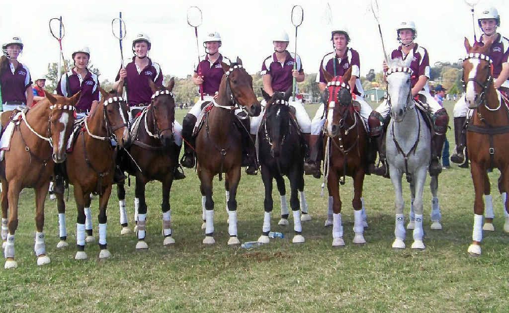 Queensland polocrosse mixed juniors (from left) Grace Young (Chinchilla), Sally Gilbert, Anthony O’Leary, Carly Cooper, Maddie Burton, Tim Forster (all Cunningham), Joel Dunstan (Gold Coast) and Lucas Scobie (Blackall) were runners-up at Albury late last month.